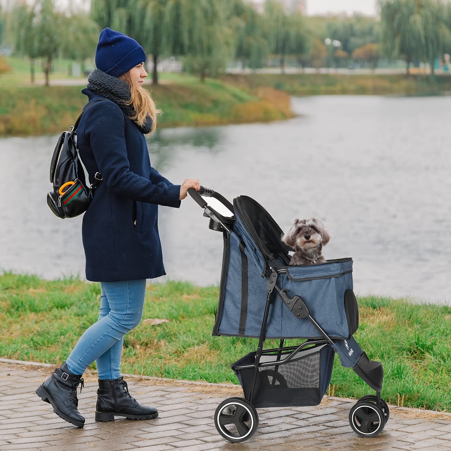 travel friendly dog stroller 3 wheels pet stroller foldable dog cat carrier strolling with brake canopy cup holders and bottom storage space 3