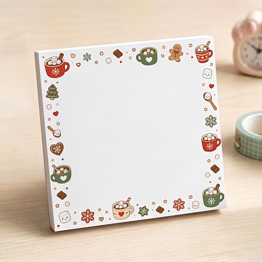 TEMU Bloc-notes carré chocolat chaud, autocollant avec motif mèche de guimauve, tasse, pain d'épices, de neige, papier à notes vierge avec bordure de