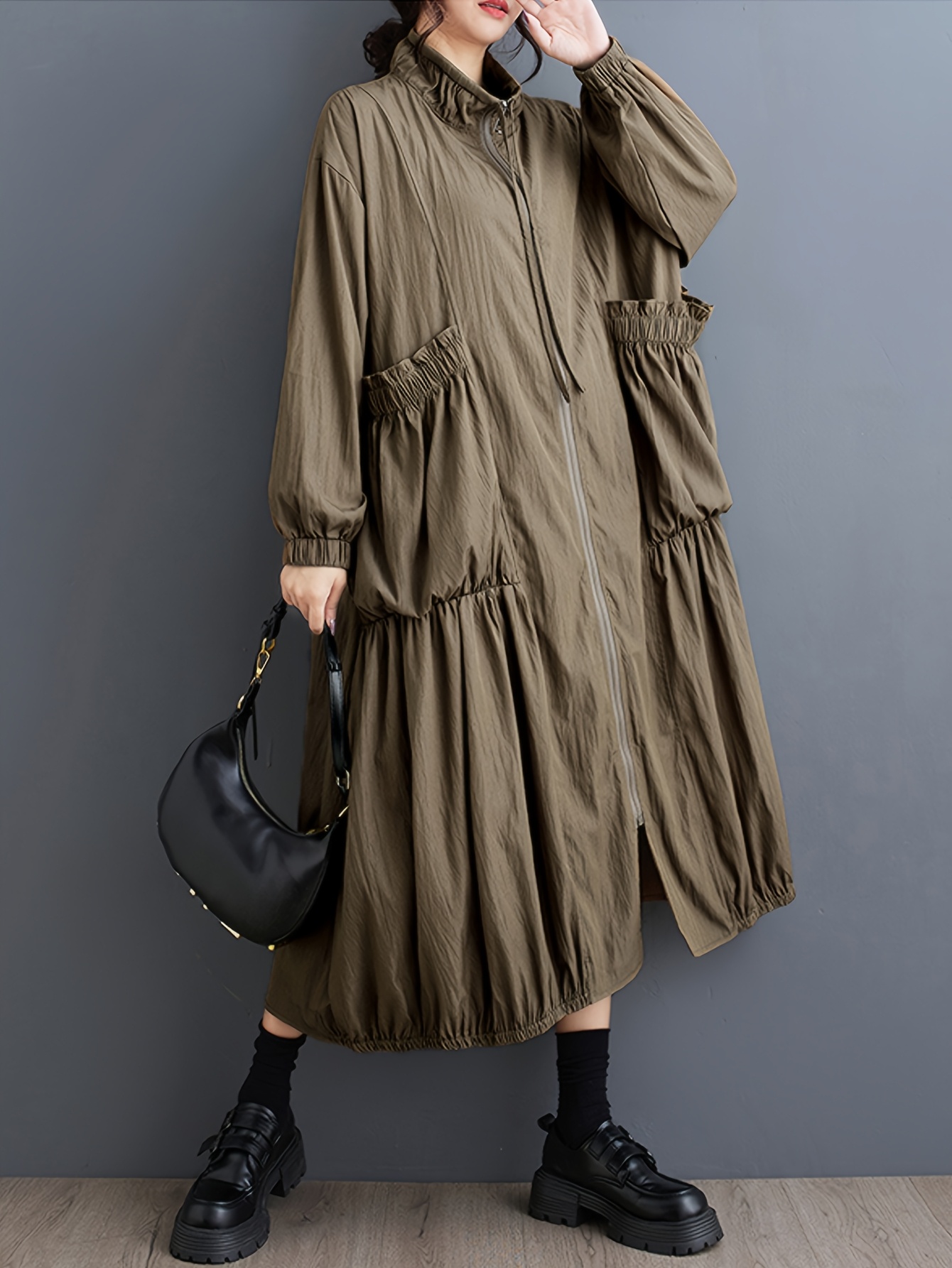 green emerald velvet dress Trench Coat Contrast Dresses Korean Single-Breasted Retro Vestidos Fashion Party Casual Dress Khaki / XL