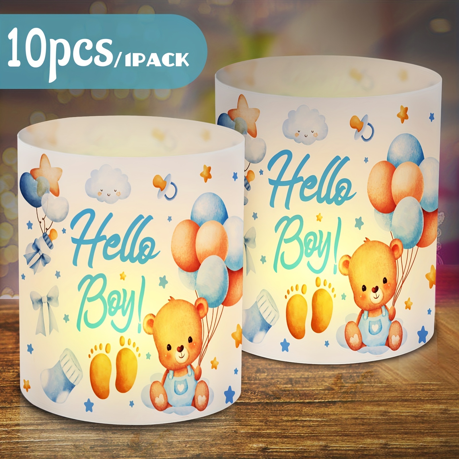 Image of 10pcs Lantern Table Decor , Blue Boy Table Decor, Lantern Table Decor, Cute Bear, Jumpsuit, Lantern Decor, Suitable For Birth Parties, Birthdays, Birth Gender Reveal Tea Lamp Shade Desktop Decor