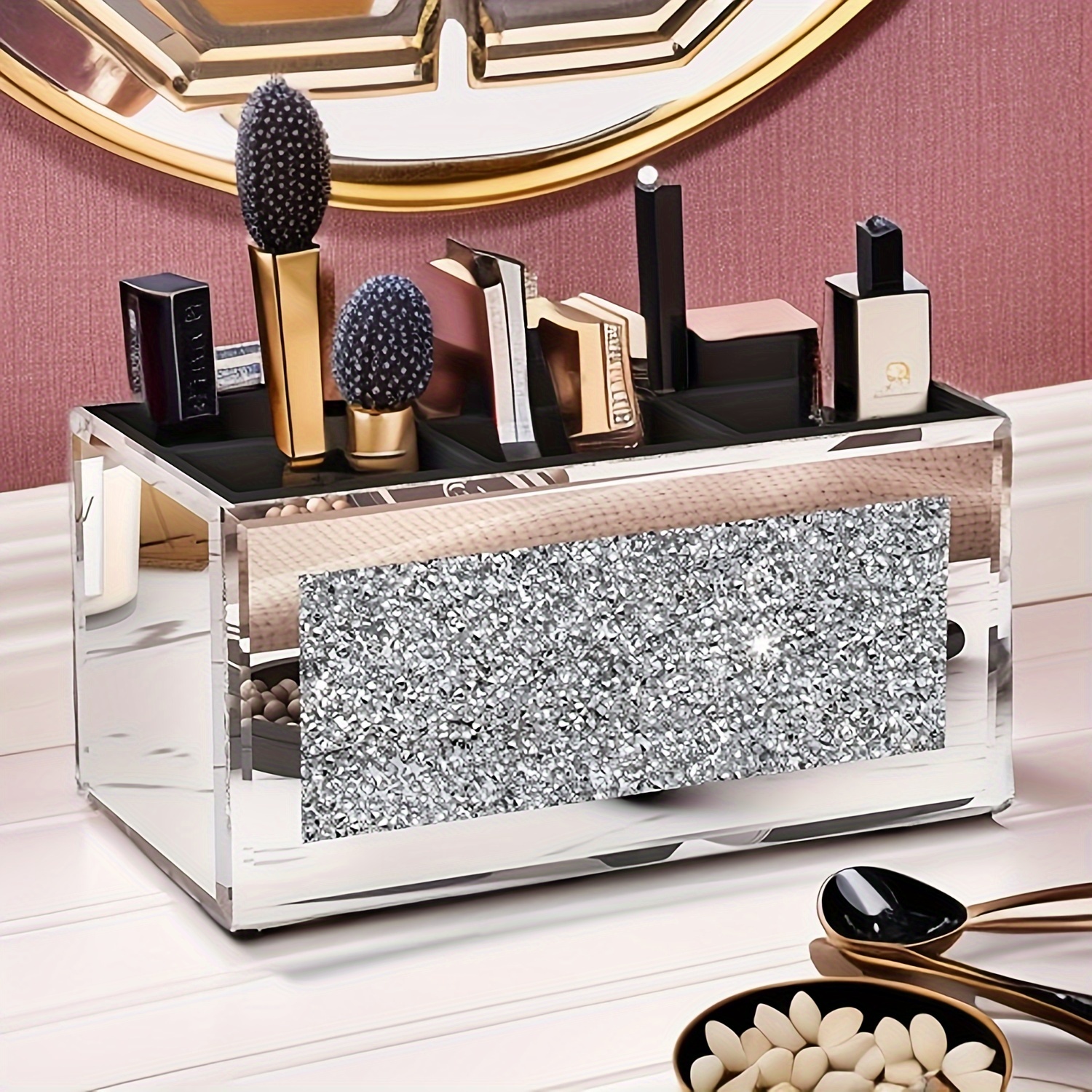 

Chic Glass Mirror Makeup Organizer With 6 Compartments - Rust-proof Cosmetic Storage Box For Bathroom