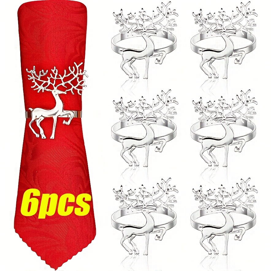 6pcs Christmas Reindeer Metal Napkin Ring Set, Elegant Vintage Design Suitable For Holiday, Wedding, And Dinner Party Decorations