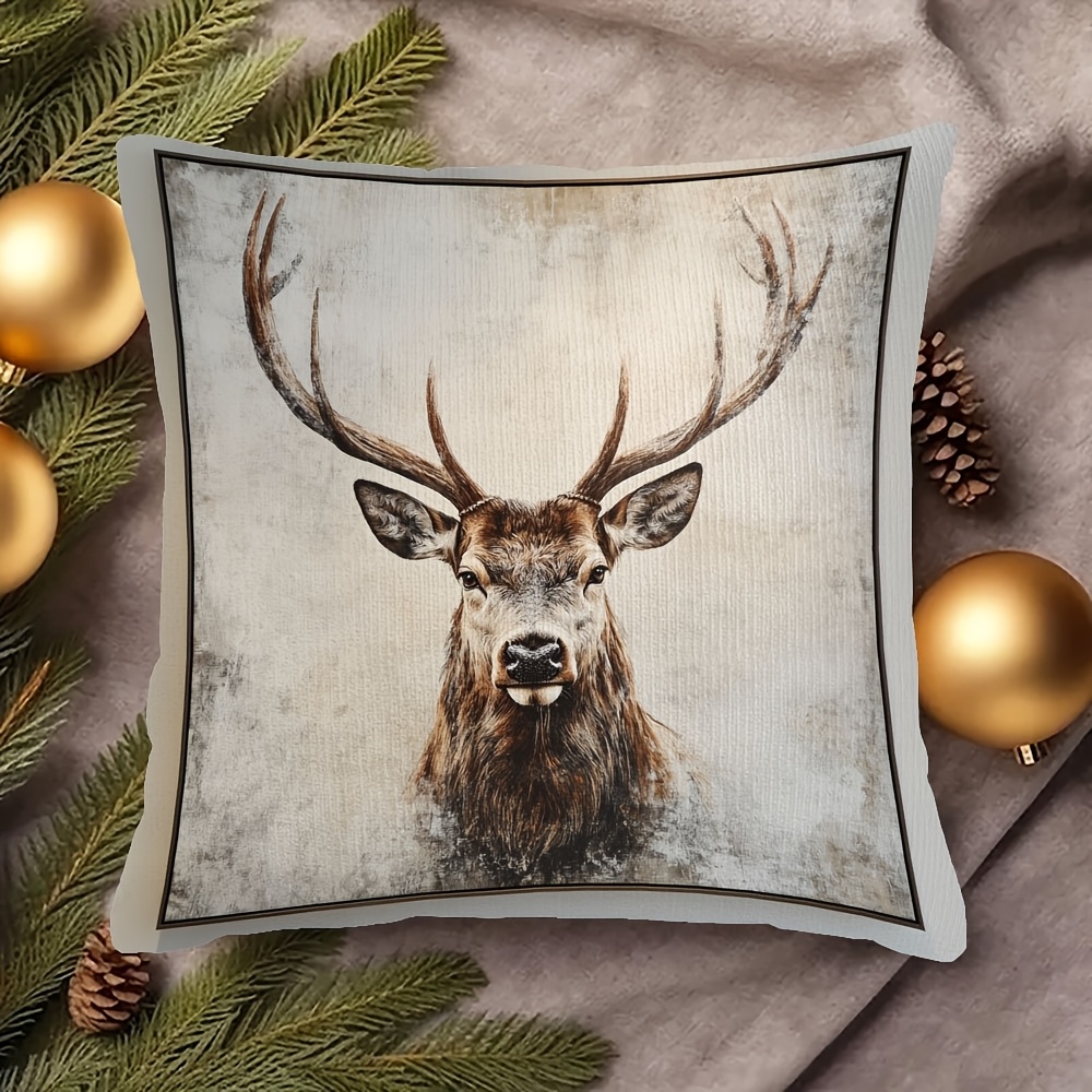 

Vintage Royal Red Deer Stag Christmas Pillow Cover - Double-sided, Soft Plush, 18x18 Inches With Zipper Closure For Decor, Scotland, Halloween, Pillow Cover