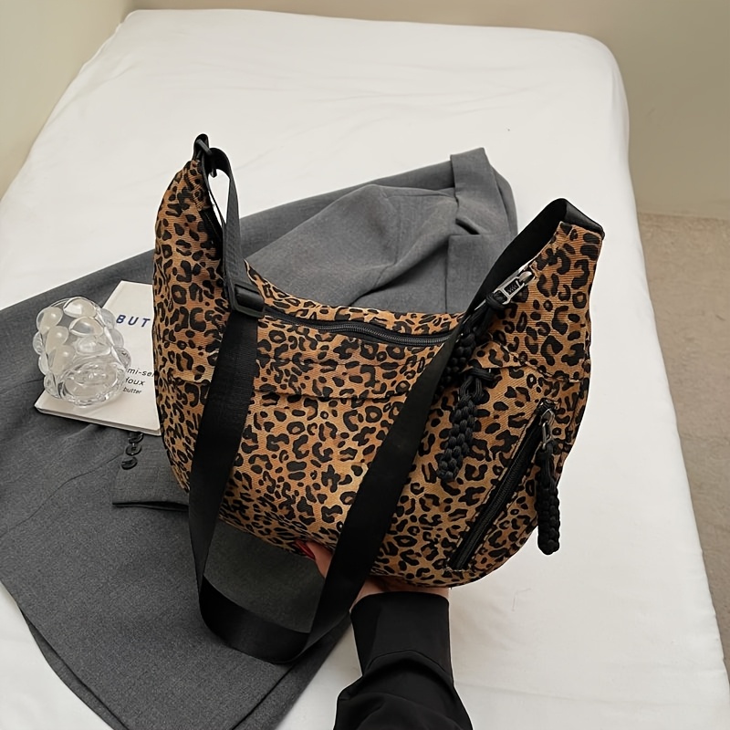 Women's Large Capacity Leopard Print Crossbody Bag With Adjustable Strap & Multi-pocket - Nylon Lining Zipper Closure Suitable For School, Travel,, Daily Use - / Print Handbag