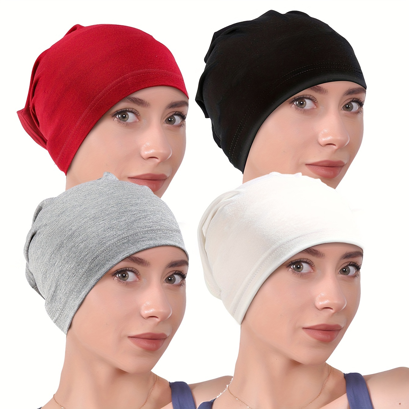 

4pcs/set Classic Undercap Solid Color Elastic Head Wraps Casual Beanie Ramadan Chemo Cap Turbans For Women