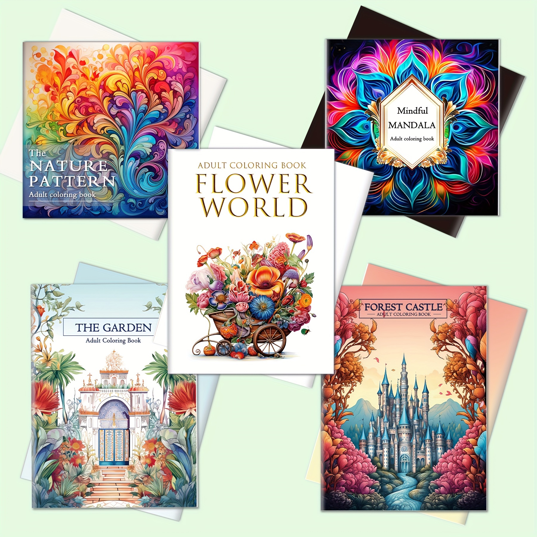 Image of 5pcs Adult Coloring Books, Nature/castle/garden/mandala/flower-in-vase Designs, Premium Bleed-proof Paper, Suitable For Adults And Beginners, Perfect Gift For Birthday Valentine's Day Christmas