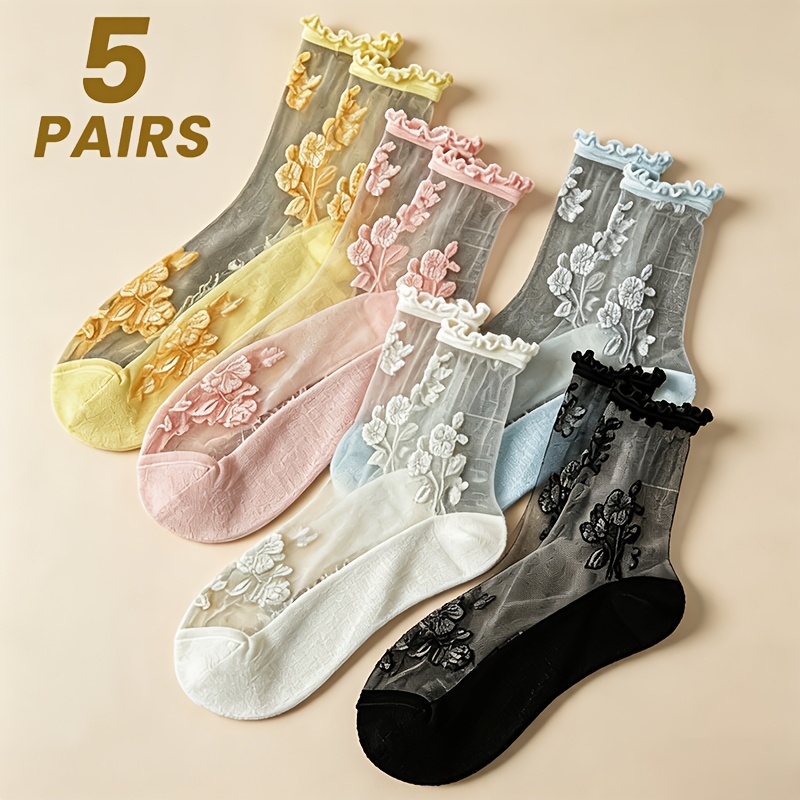 TEMU Lot de 5 paires de chaussettes en fibre de verre pour femme, chaussettes transparentes à motif floral à volants en dentelle de verre cristal,
