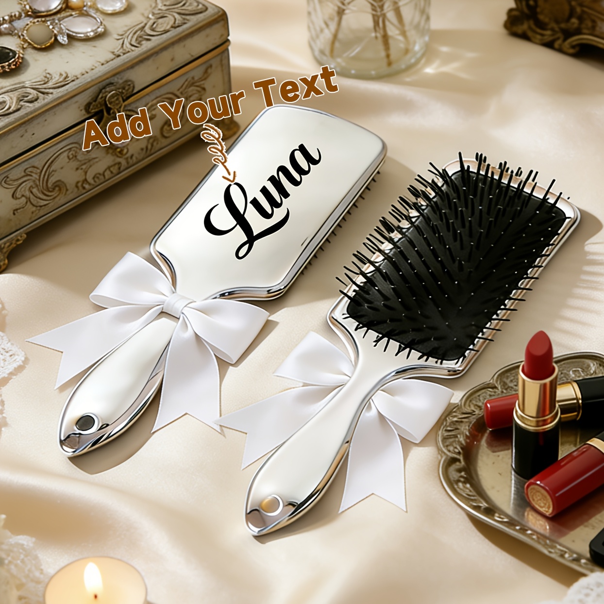 TEMU Custom 1pc Engraved Name Air Cushion Hair Brush With Bow Set, Personalized High-end Golden Scalp Massage Comb, Custom Initial Logo Employee