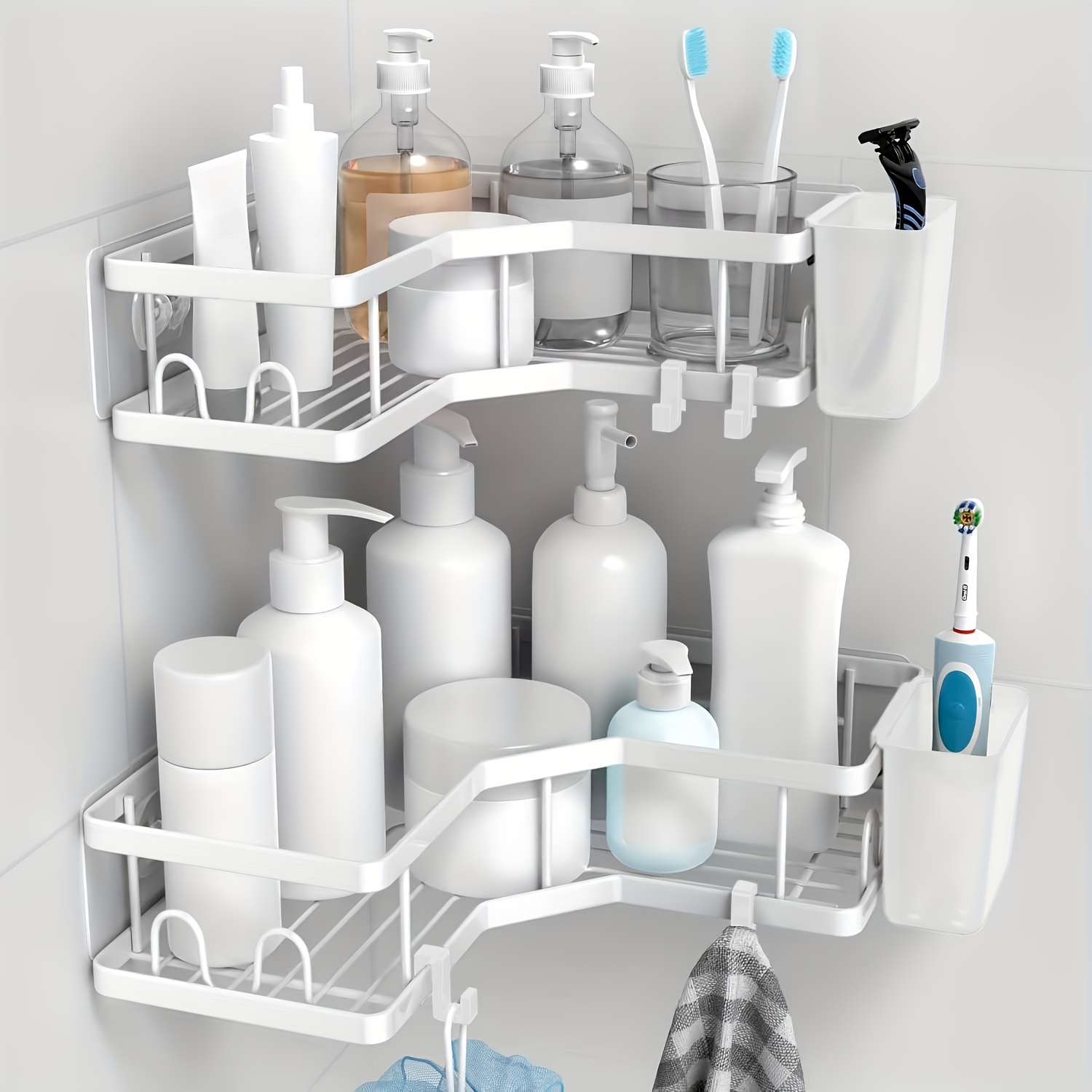 Image of Corner Shower Caddy, 2 Pack Adhesive Shower Corner Organizer Shelves, No Drilling Stainless Steel Shower Storage Rack With Hooks&toothpaste Holder For Bathroom, Dorm And Kitchen, Shower Caddies