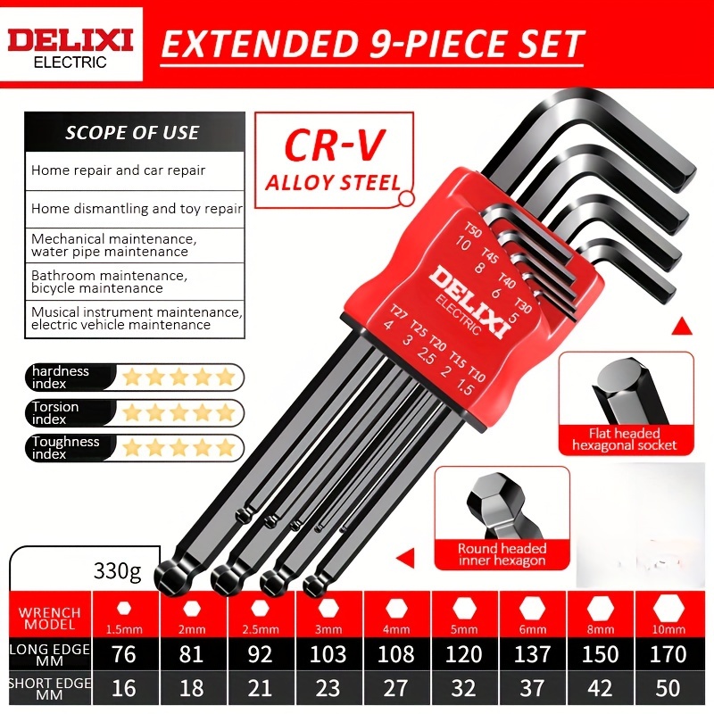 TEMU Delixi Electric Hex Key Wrench Set, Multifunctional Allen Key Set With Universal Torque, Durable Metal Construction For Motorcycle, Bicycle, Automotive, And Home Maintenance Repair - Metric