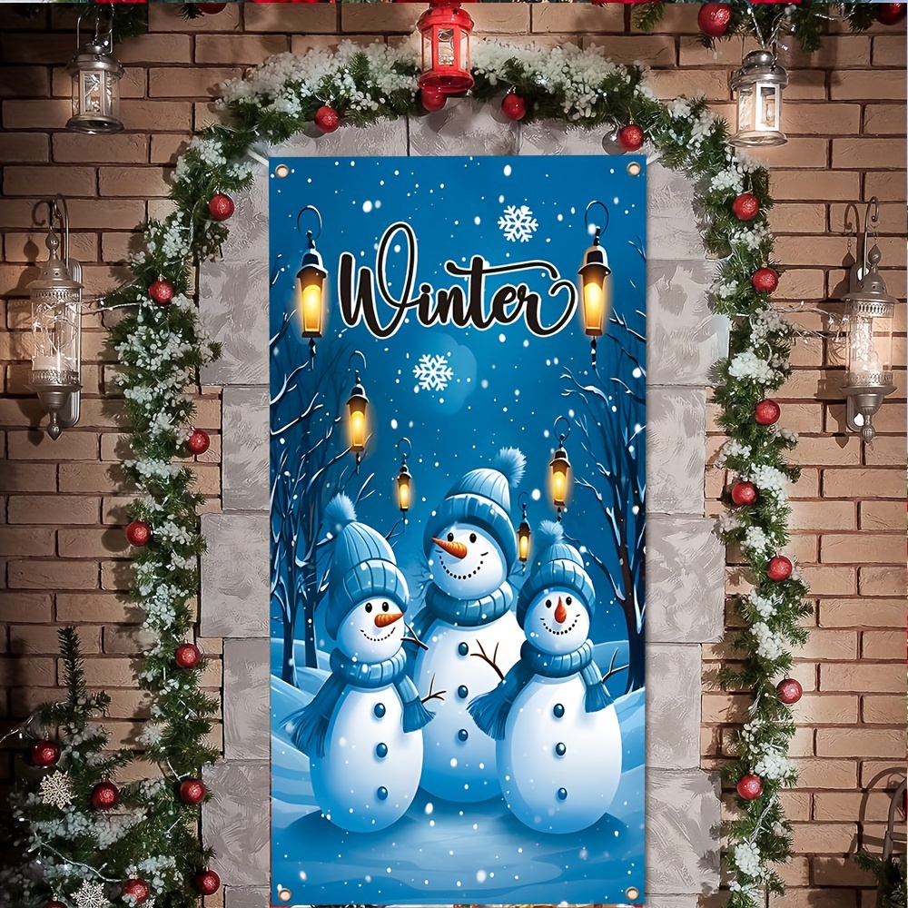 

Winter Snowman Door Banner - Multipurpose Polyester Festive Decoration, Indoor/outdoor Porch Hanging Sign For Christmas Party, Aurora Borealis Snowy Scene Backdrop, Without Electricity - Pack Of 1