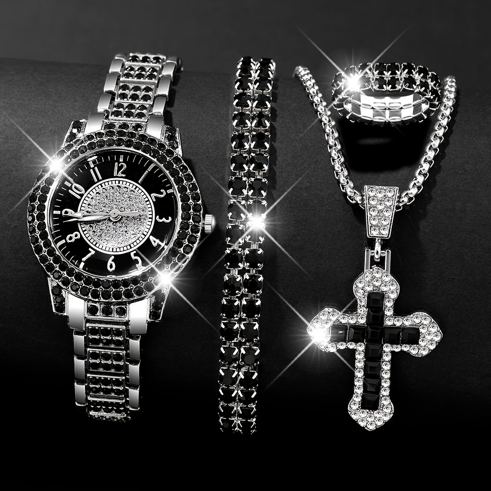 Conjunto de 4 relojes de cuarzo para hombre: esfera redonda, con un encantador colgante de cruz, pulsera, juego de anillos, clásico y elegante, adecuado para llevar en cualquier lugar o como regalo.