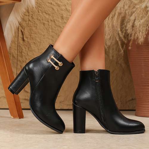 Bottines Western Pour Femme Sans Talon - Style Rétro Confortable à Fermeture Éclair Latérale - Talon Bas - Avec Boucle Décorative