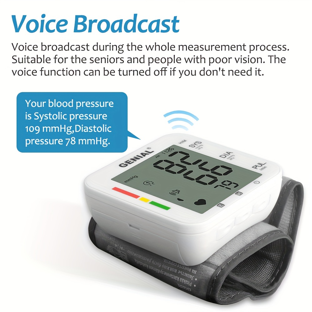   adjustable wrist blood pressure cuff 2   readings digital rechargeable blood pressure machine with voice broadcasting with carrying case for home use, battery not included Product details 1