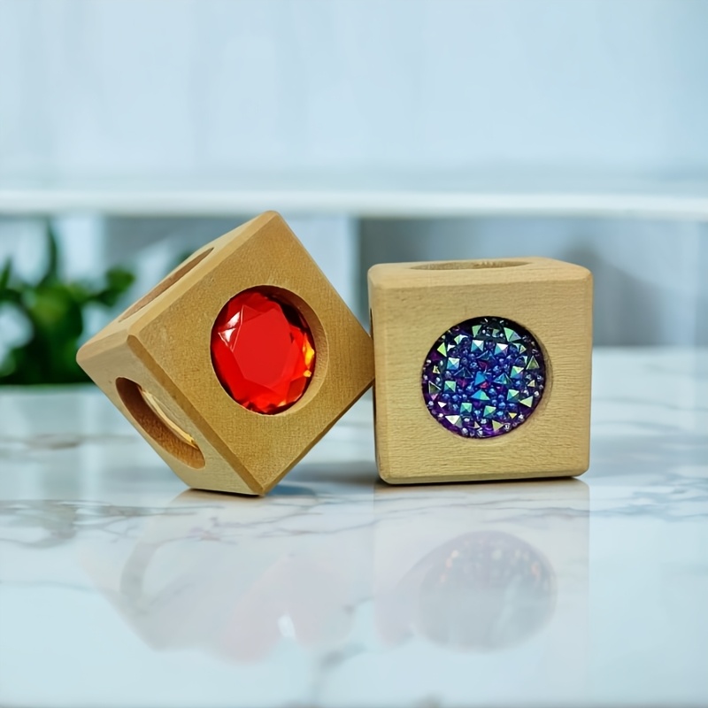Wooden Acrylic Cube Ornament, 6-sided Rainbow Gemstones, Home Office Decor