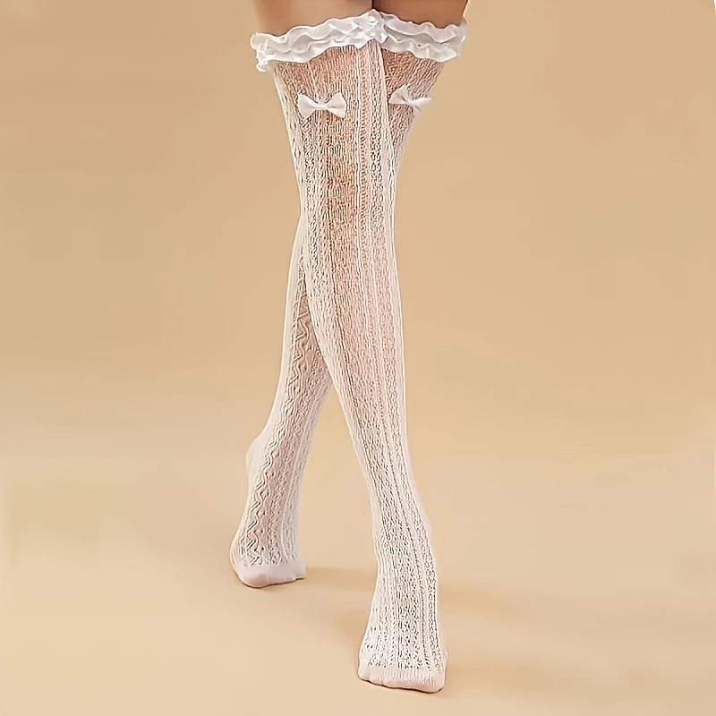 

Plus Size Jk Style Thigh High Stockings, Women's Bow Decor Striped Lace Trim Over The Knee Socks