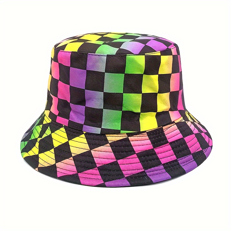 

1pc Unisex Colorful Checkerboard Bucket Hat, Gradient Rainbow Stripe Fisherman Hat, Lightweight Outdoor Sunshade, Ideal For Spring/summer, Perfect Gift