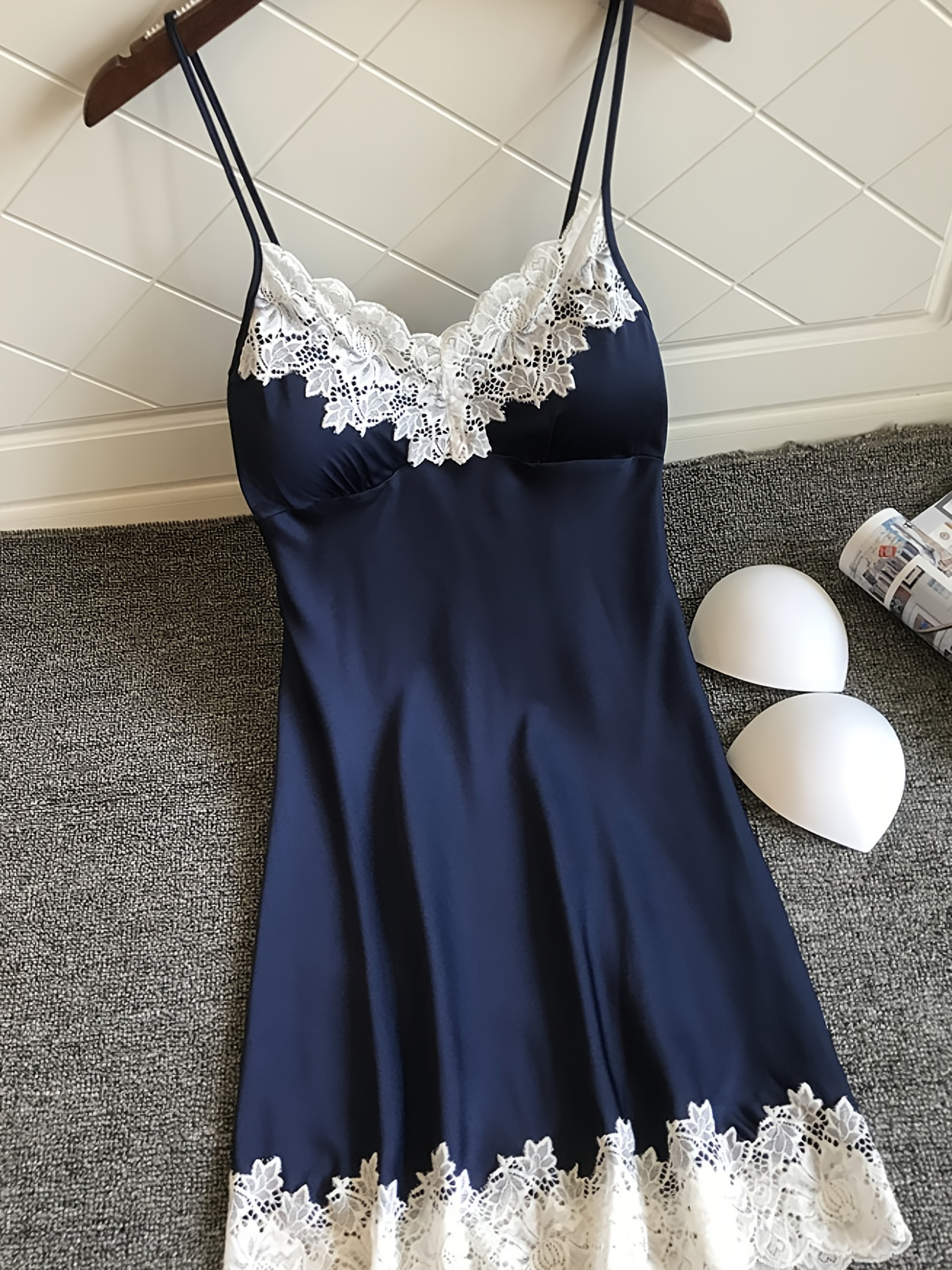 elegant womens satin nightgown lace trim shoulder - Temu
