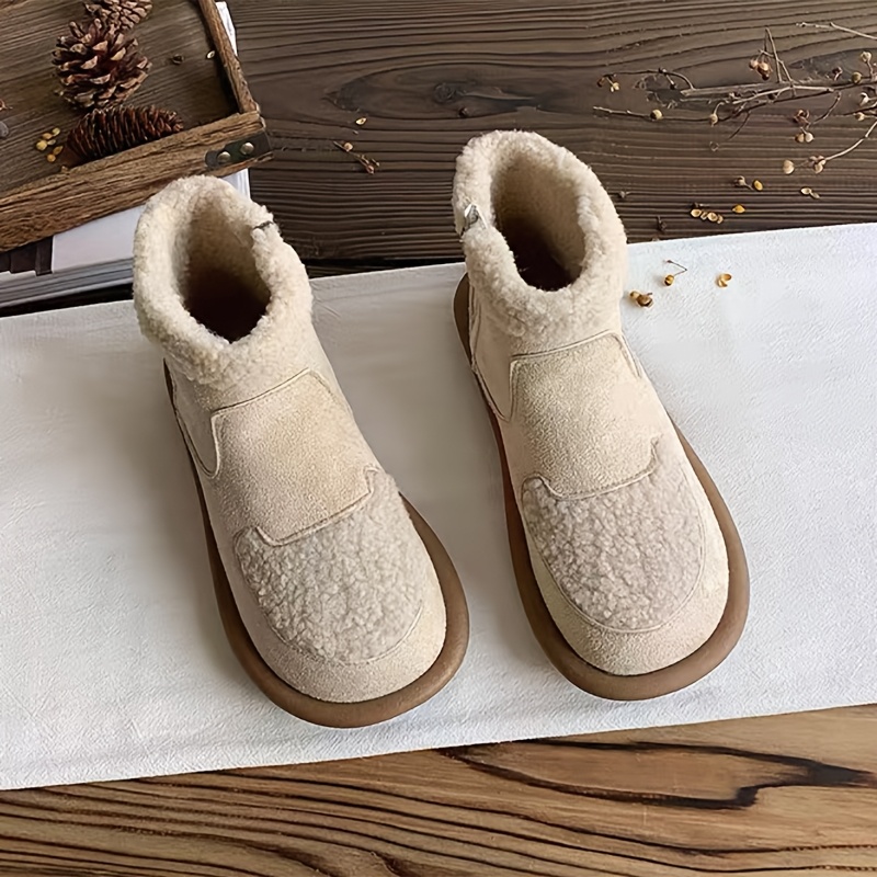 TEMU Winter Women's Fashionable Elegant Snow Boots Round Toe Flat Bottom Fleece Thickened Winter Warm Women's Shoes Side Zipper Style Plush Short