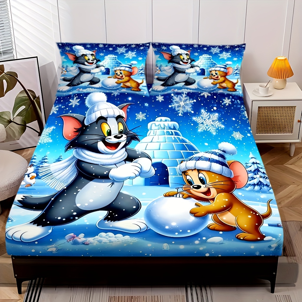 Christmas 3pcs Warner Bros Tom & Jerry Cartoon Fitted Sheet Set - Vibrant HD Printing, Deep Pocket Design Soft and Cozy Bedding for Home Dorm