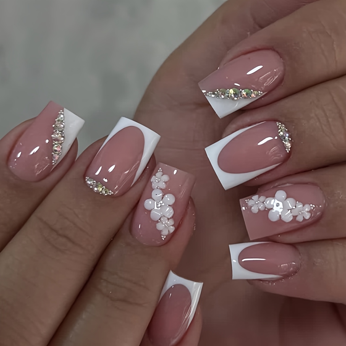 TEMU New Short Square White French 3d Carved Handmade Glittering Rhinestone Slanted Press-on Nails, Versatile For Everyday , Detachable And Reusable