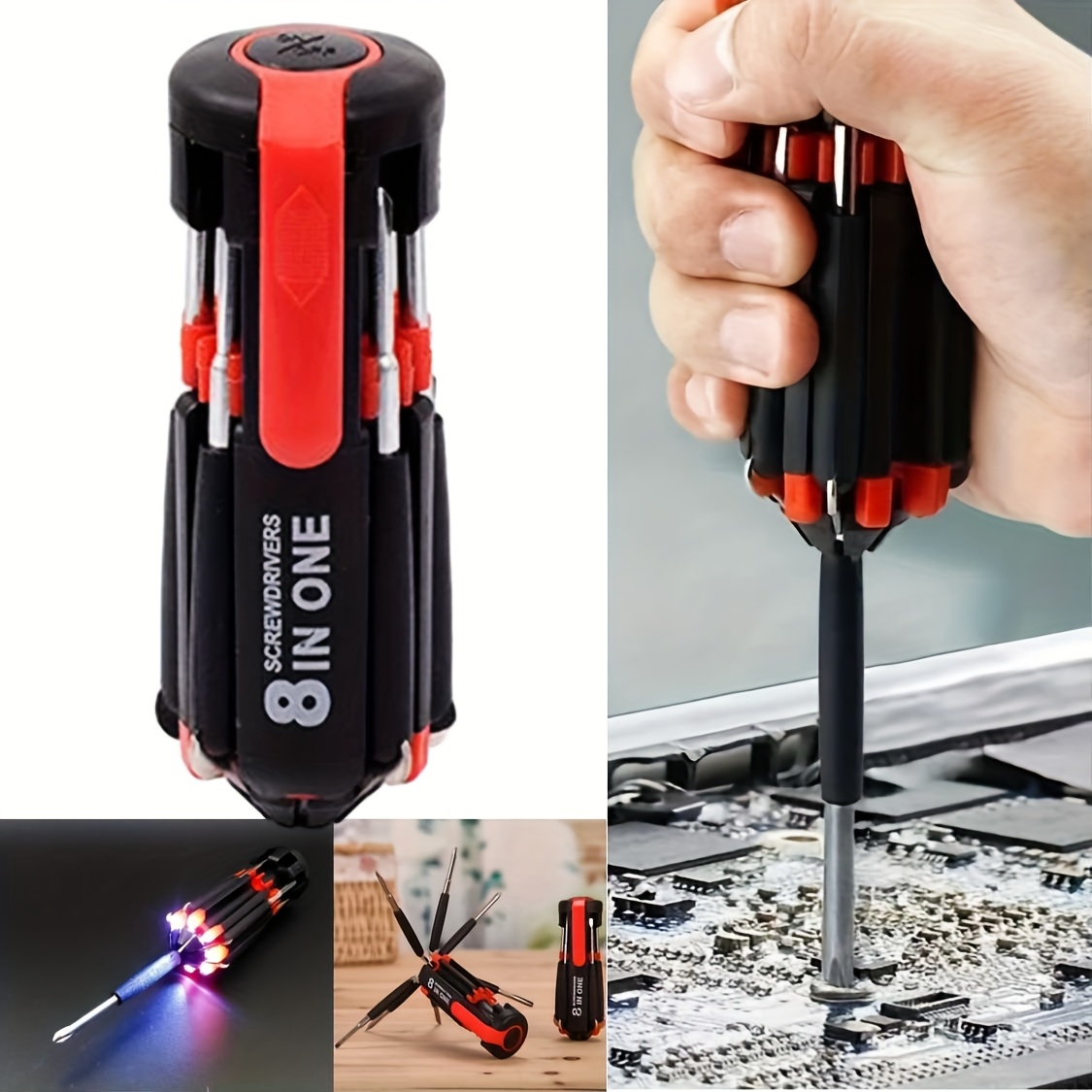 TEMU Multi-functional 8in 1 Screwdrivers Tool Set With Flashlight, Non-electric Precision Tool For Car Repair & Diy Projects, Portable Screwdriver