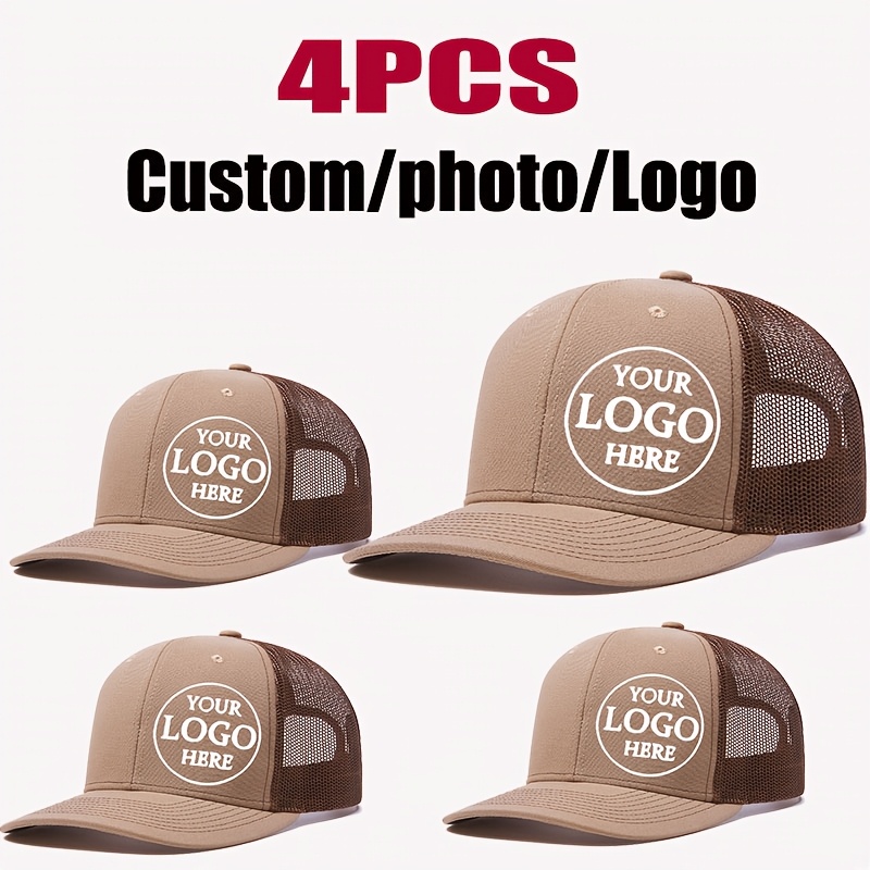TEMU 4 Customizable Logo Trucker Hats - Breathable Tennis Cap With Adjustable Back Closure, Perfect For Outdoor Activities And Personalized Gifts,