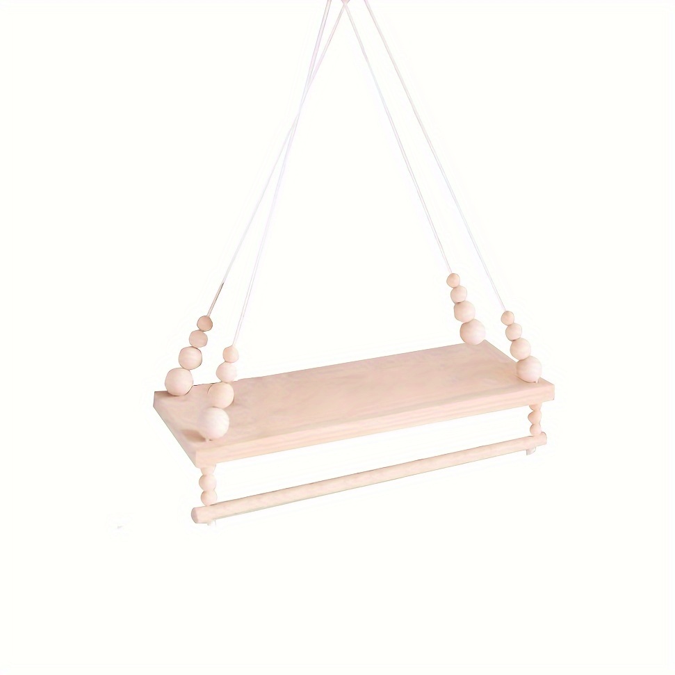 Image of Boho Chic Macrame Wall Shelf With Wooden Beads & Towel Rack - Versatile Hanging Storage For Bedroom, Living Room, Or Hallway Decor