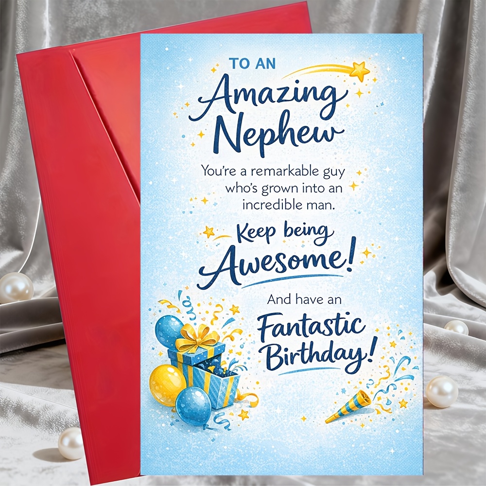 TEMU 1 Greeting Card + 1 Envelopeamazing Nephew Birthday Card For Him Keep Being Awesome Messages Blue Golden Balloons And Gifts Great From Aunt Or