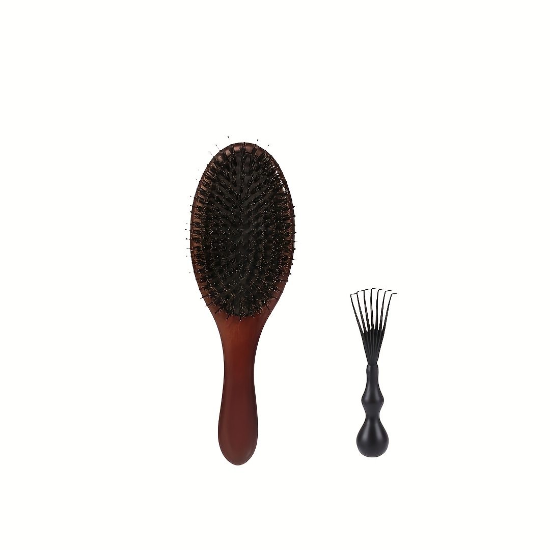 Image of 2pcs Bristle Hair Brush Set, With Cleaning Tools, For Curly Thick Long Fine Dry Wet Hair, Gently Enhances Shine, Great For Travel Or To Your Bag