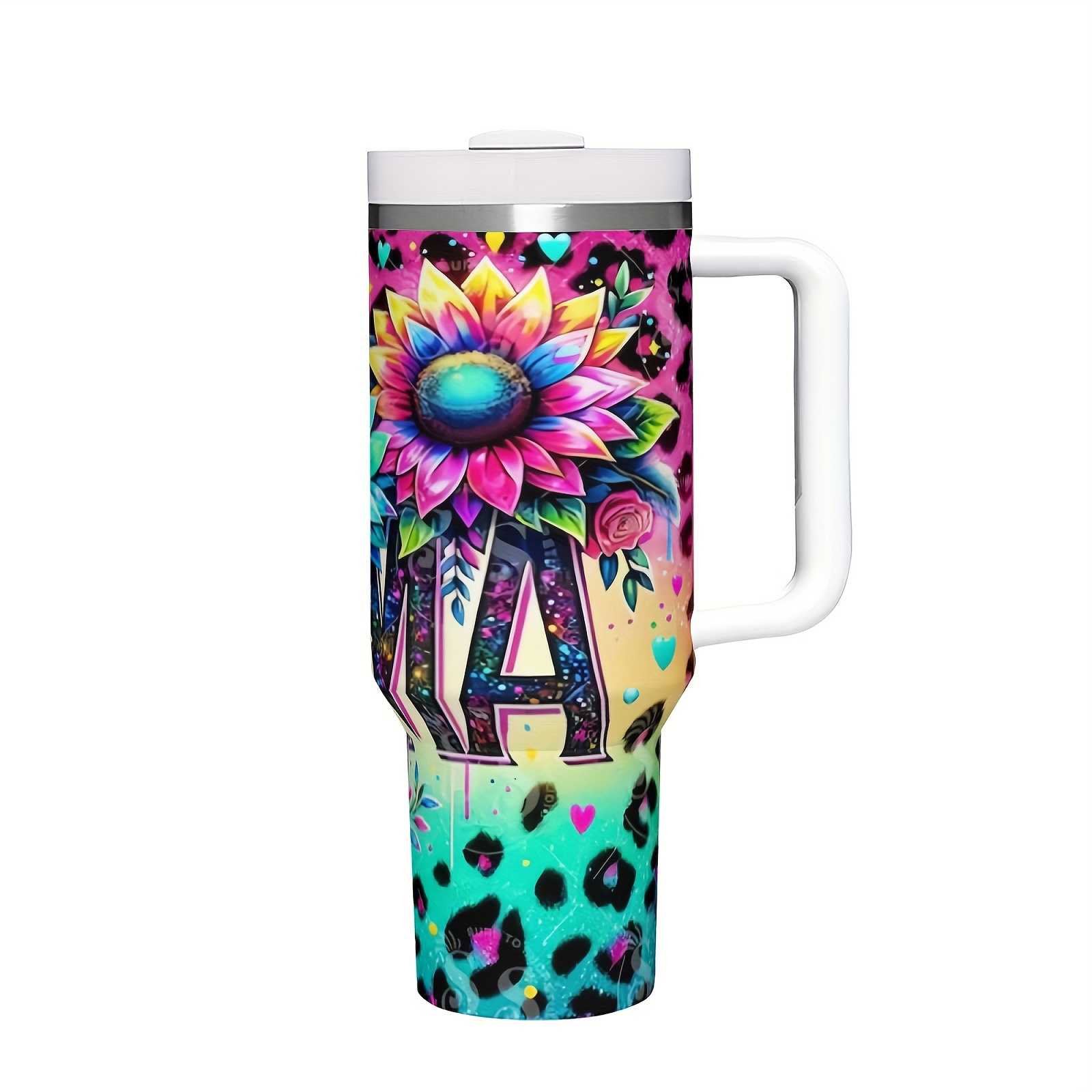 

1pc 40oz Reusable Stainless Steel Insulated Tumbler With Handle - Sunflowers , Vacuum Travel Mug For Coffee & Beverages, Includes Straw, Hand Wash Only