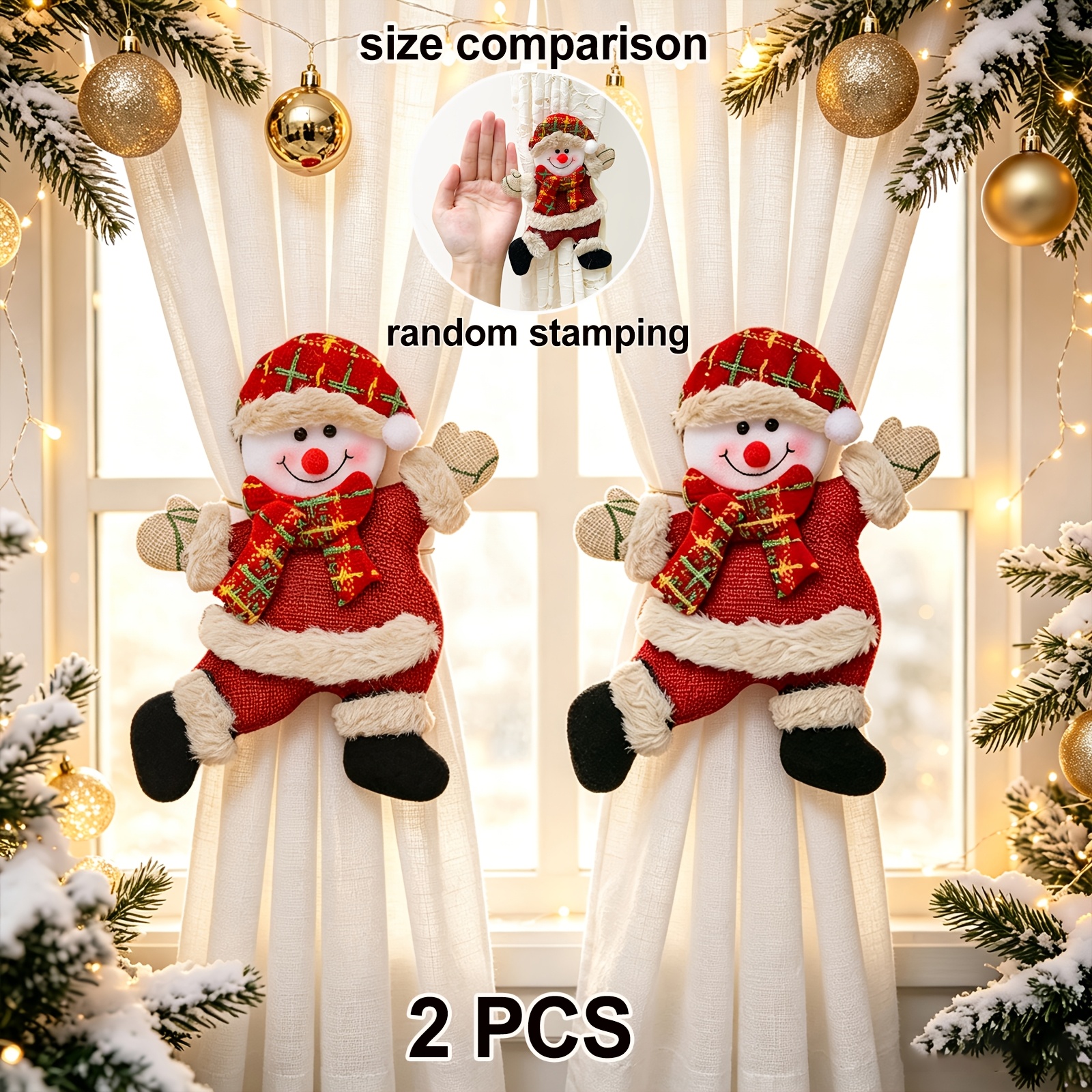 TEMU 2pcs Set Creative Christmas Santa Tiebacks 2026 Christmas Snowman New Year Curtain Holder With Winter Brown Plush Design For Christmas Xmas