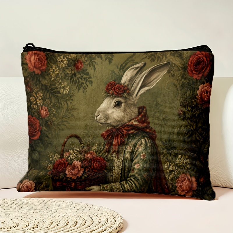 TEMU Retro Rabbit With Wreath And Basket, Red Rose Vine Background Cosmetic Bag/storage Pouch