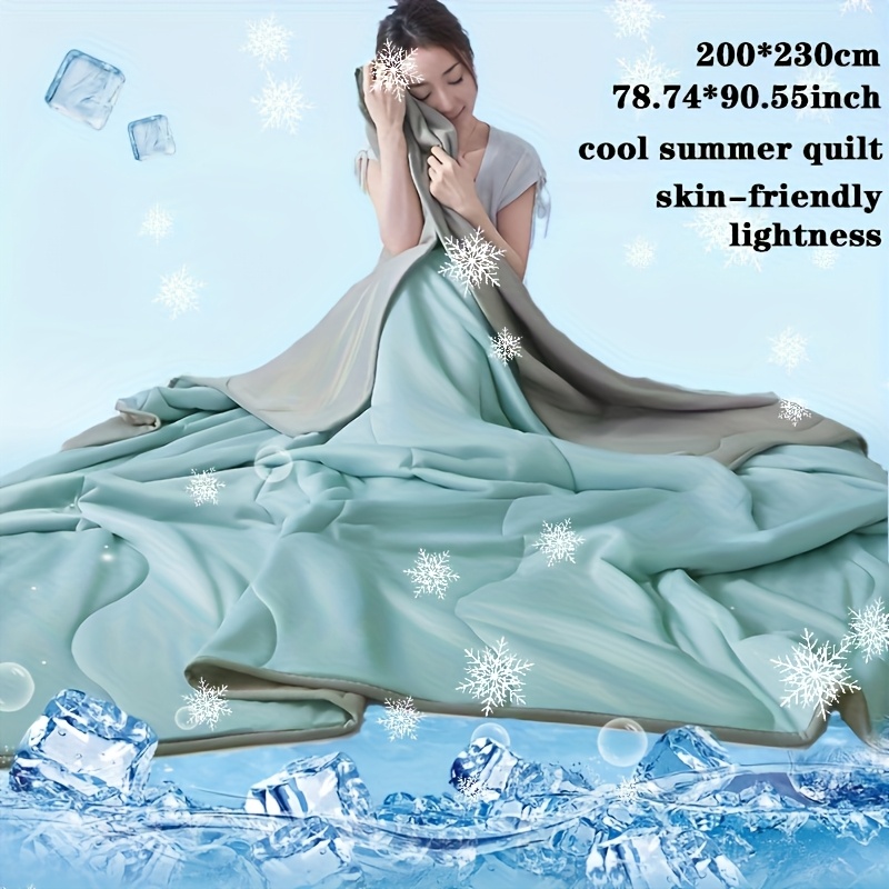 Image of 1pc Cooling Summer Blanket - Light Blue And Gray Quilted Design, Breathable Polyester Fiber, Machine Washable, Perfect For Bed Or Sofa