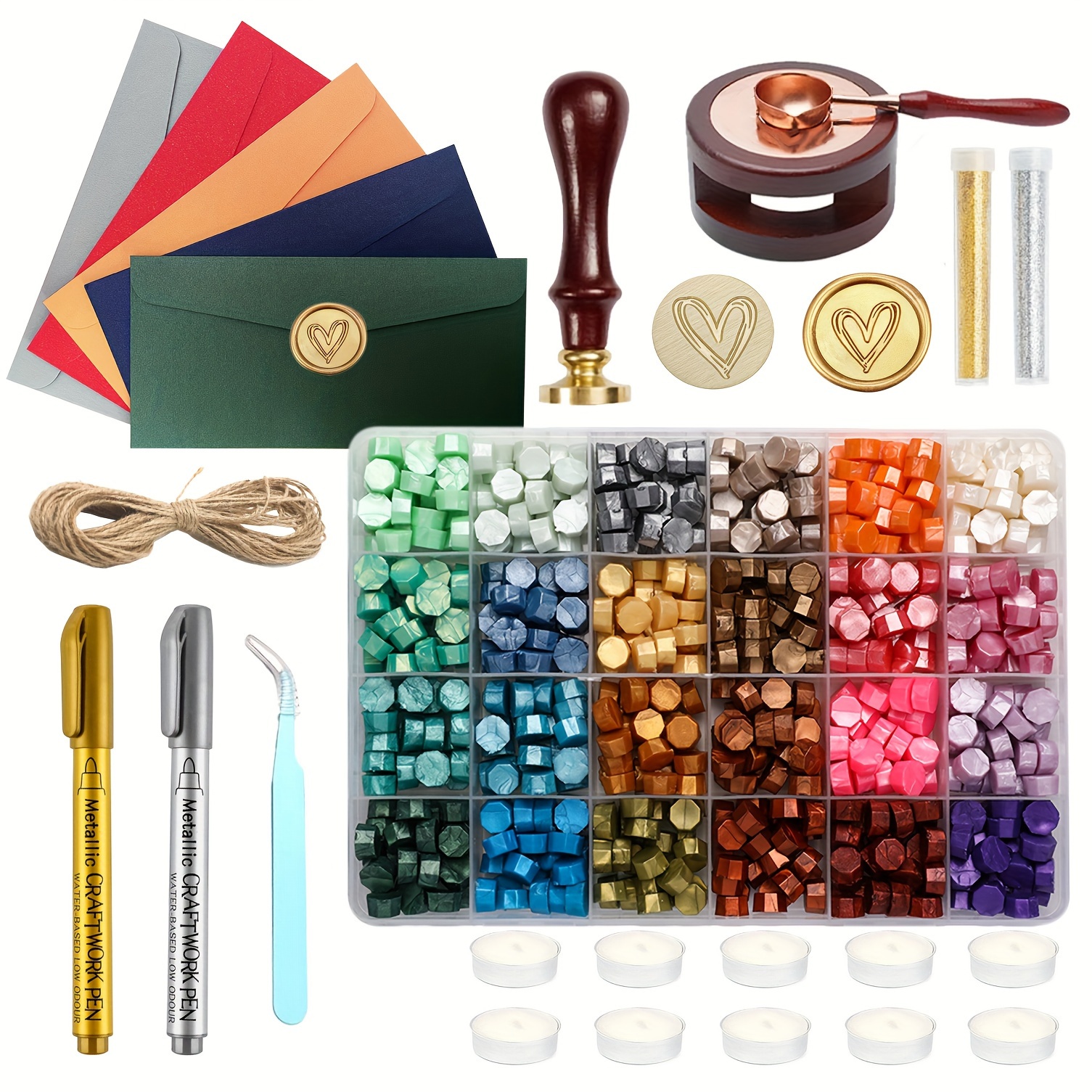 

600pcs Wax Seal Kit With Heart Stamp And Gift Box, Metallic Pen, Envelopes, Candles, Glitter, Warmer, Spoon - Complete Set For Wedding Invitations, Gift Packaging, Craft Projects