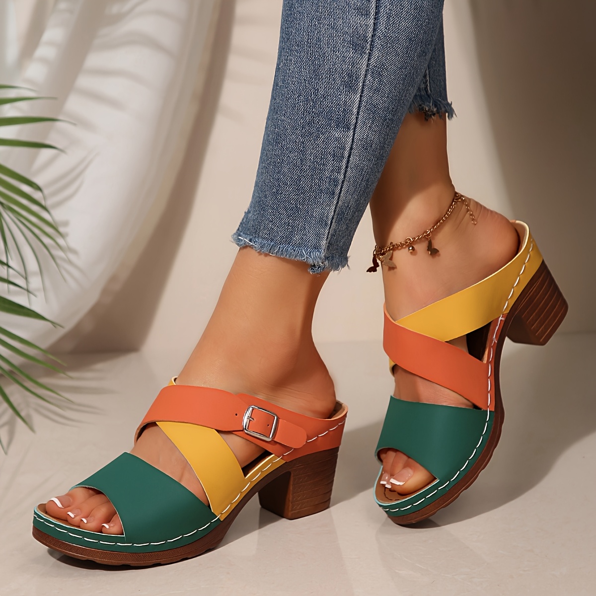 Women'S 2025 Summer Fashionable Wedge Sandals - Comfortable, Slip-On Platform Shoes with Colorful Straps, Synthetic Upper, TPR Sole, Low Heel, Casual Footwear|Colorful Strap Sandals|Synthetic Shoes
