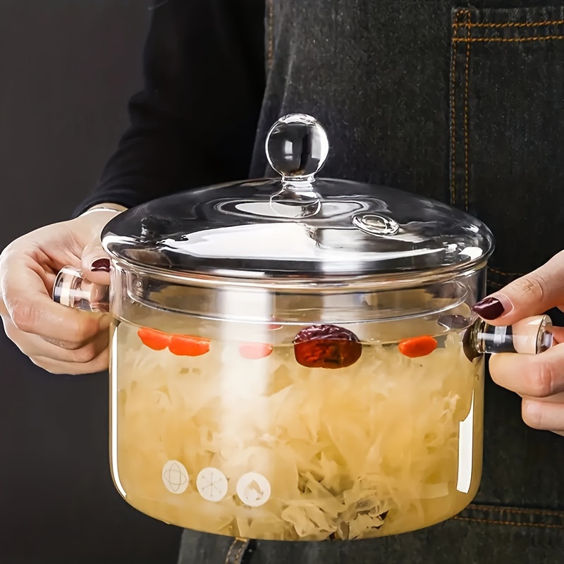 

1pc Borosilicate Glass Soup Pot With Lid, Transparent Casserole Dish, Patterned, High-temperature Resistant, Mini Gas Stove Cookware For Home Use