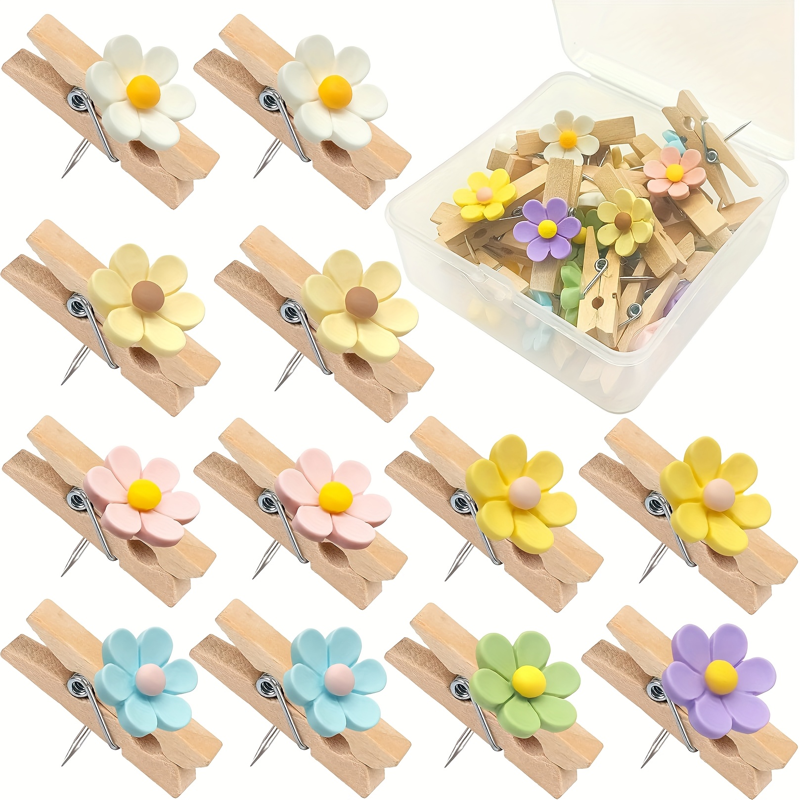 Image of 18pcs Wood Flower Thumbtacks With Clips - Colorful Push Pins Suitable For Cork Boards, Bulletin Boards, Maps, Photos, Notes - Mini Flower Tacks For Home Office,, Decor (18pcs)