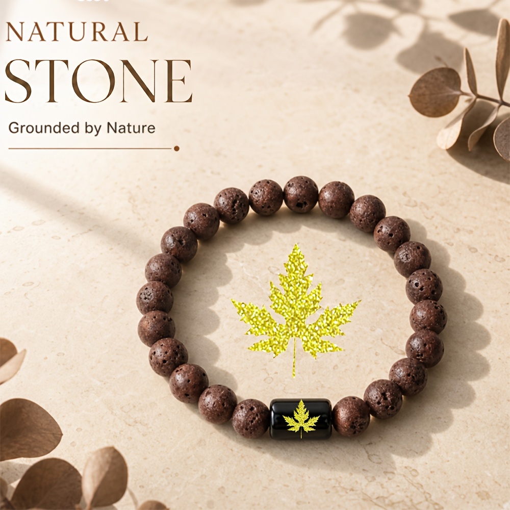 Natural Stone Beaded Bracelet with Golden Maple Leaf Accent