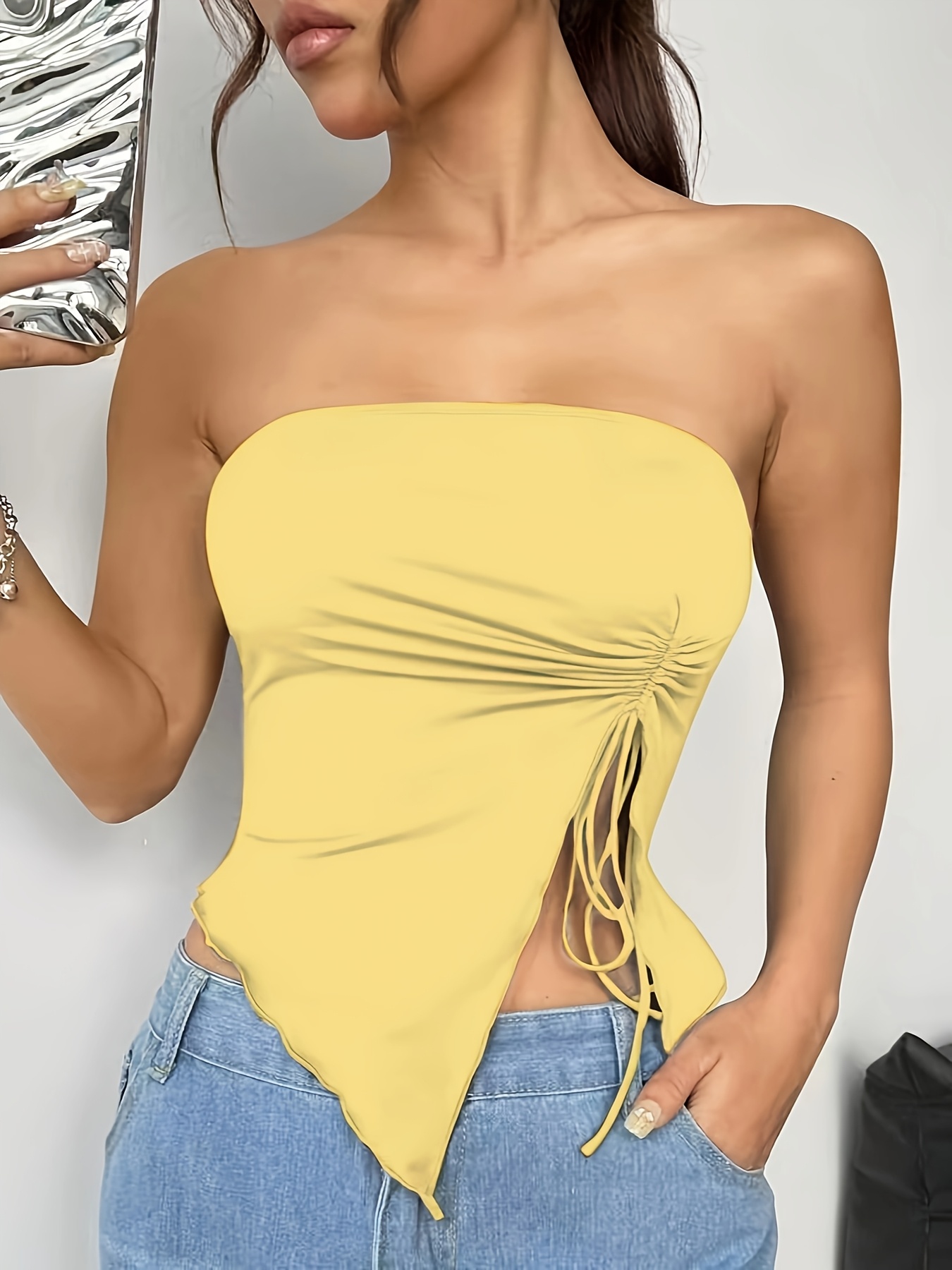 top corto de moda   para mujer, estilo   y americano, de   entallado, , con hombros descubiertos y cordón ajustable