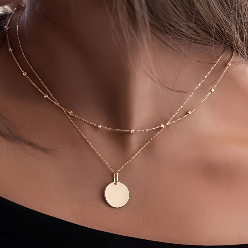 

Minimalist Round Pendant Layered Necklace, Monochrome Alloy Neck Jewelry, Vintage Style Thin Chain Clavicle Necklace For Women