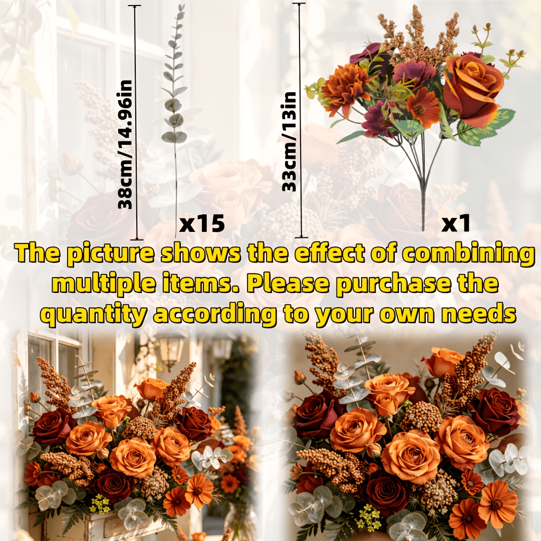 TEMU 16pcs-autumn Colors Roses, Daisies, Double-petaled Flowers, Eucalyptus, Premium Faux Mixed Floral Materials-christmas, Halloween, Easter,