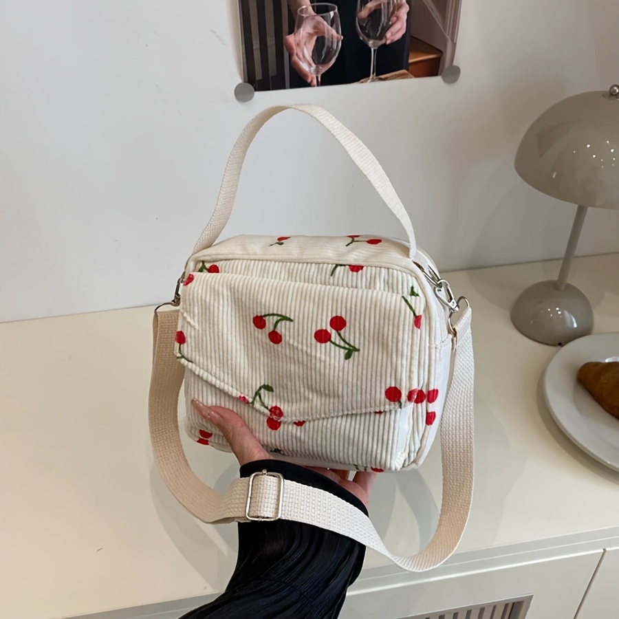 TEMU Borsa a tracolla con stampa di ciliegie , Borsa quadrata versatile in velluto a per uscite, Borsa a /a spalla portatile, Regalo di Natale per