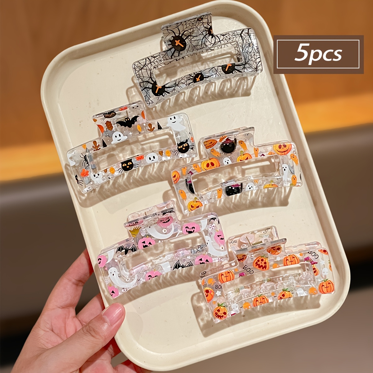 TEMU 5pcs Set Of Women' Vintage-style Hair Claw Clips With 5 Halloween-themed Transparent Colorful Printed Patterns, Suitable For Daily Use