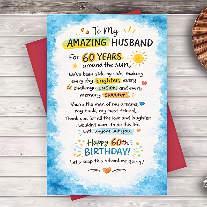 TEMU 1 Greeting Card + 1 Envelope 60th Birthday Card For Husband Message Romantic Anniversary Greeting For Him From Wife Simple Flat Design For Party
