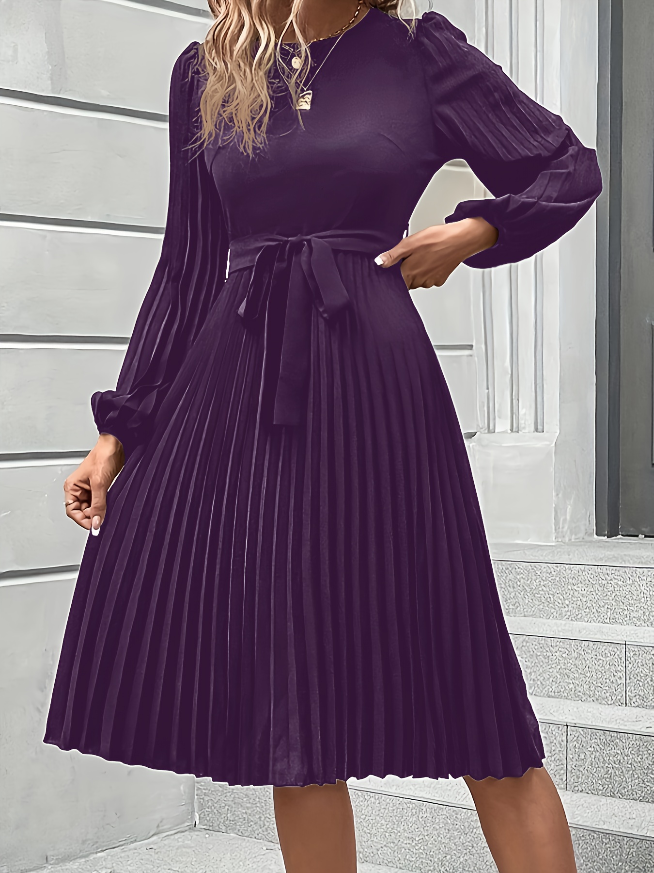 Women'S Elegant Formal Everyday dress Long Lantern Sleeves, Adjustable  Waist Tie Belt, Flattering A-Line Silhouette, Knee-Length Party Wedding Off