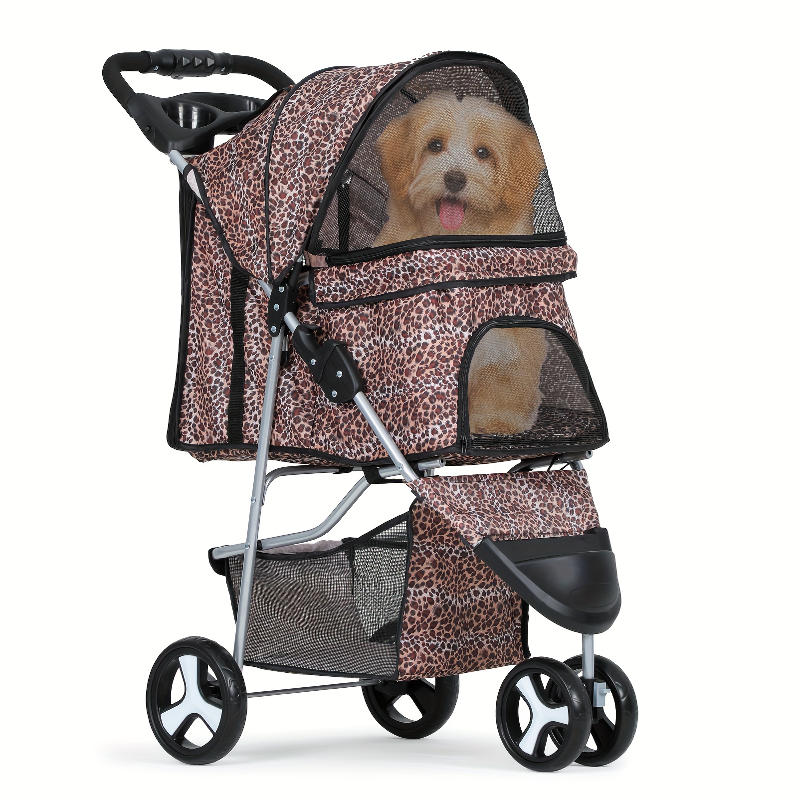 TEMU 3 Wheels Pet Dog Cat Stroller For Small Medium Dogs Cats, Foldable Jogger Stroller W/storage Basket And Cup Holder