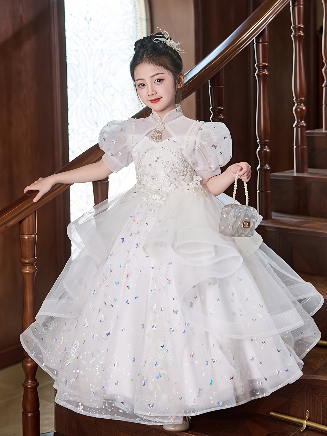 open lace back dress Elegant White Girl Dress Pearls Princess Baby Kids Gown J305 White / Child-6