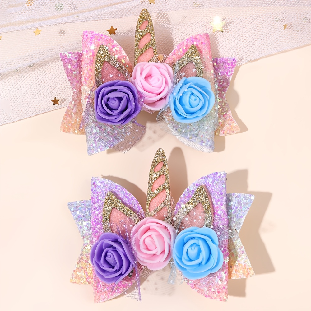 TEMU 2pcs Cute Unicorn Bow Hair Clips Glitter Floral Hair Barrettes For Women Hair Additions For Birthday Party Cosplay Daily Wear Holiday Gift