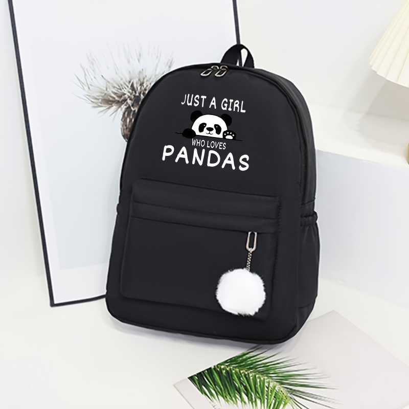

Panda Print Black Backpack For Women, Casual Style, With Pom-pom Keychain, Unisex, School & Travel Backpack